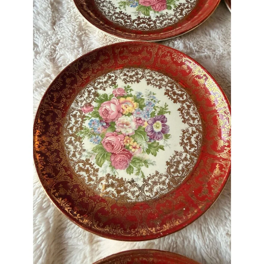 Vintage Floral Dessert Plates with Gold Detail Romantic Tableware set of 6 - Picture 7 of 9